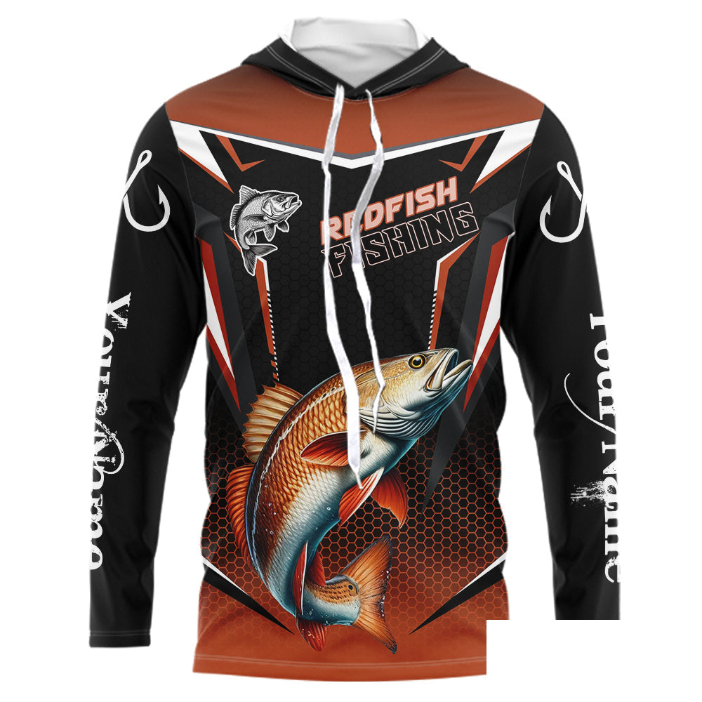Black and Orange Redfish Long Sleeve Fishing Shirt, Personalized Red Drum Fishing Tounament Jersey NQS9774