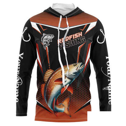 Black and Orange Redfish Long Sleeve Fishing Shirt, Personalized Red Drum Fishing Tounament Jersey NQS9774
