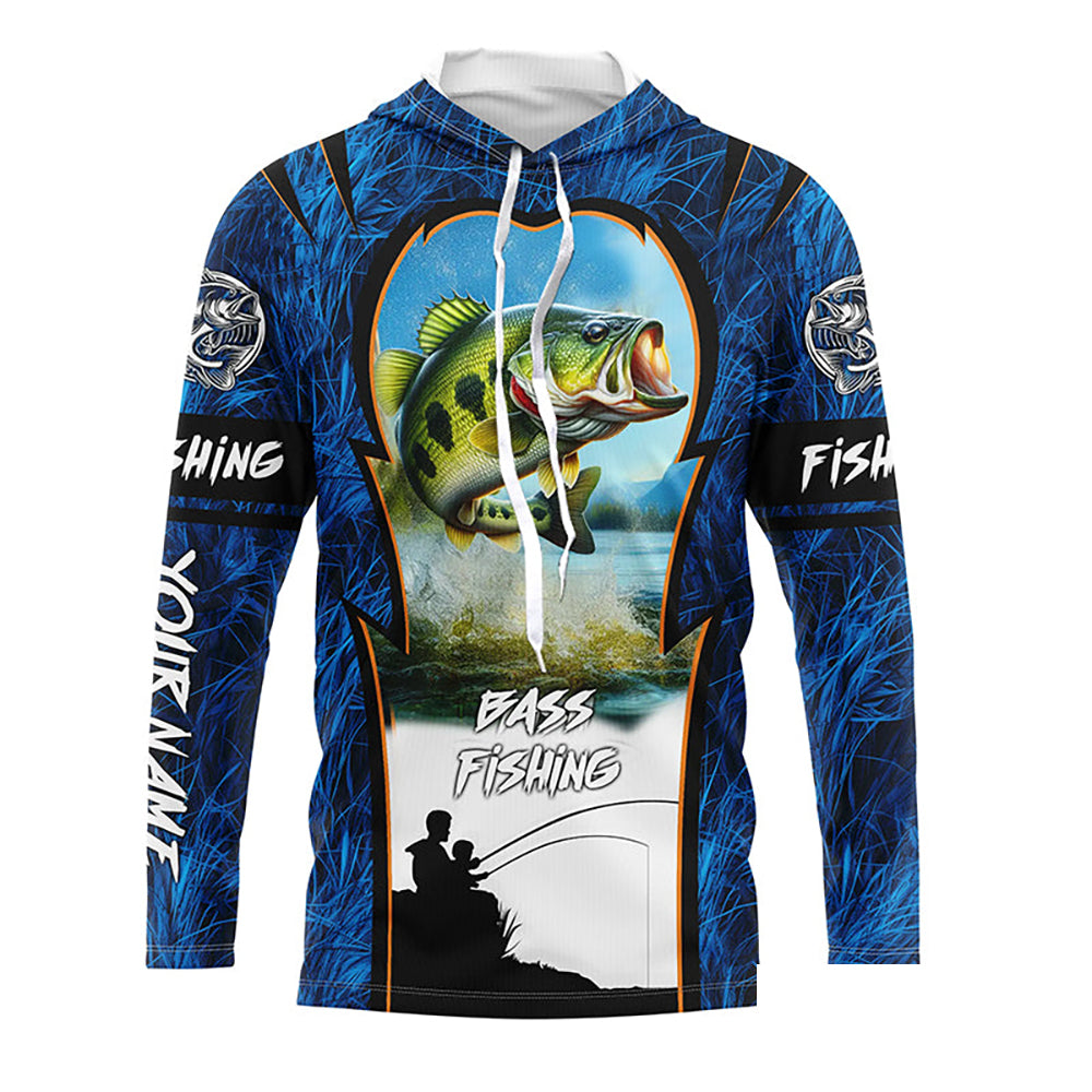Bass Fishing Blue Camo Customize Name UV protection long sleeves fishing shirt for men NPQ90