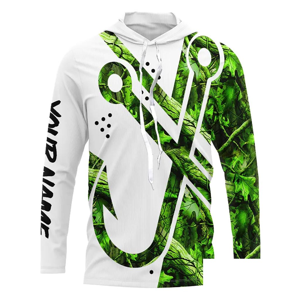 Green Camo Fish Hook Customize Name UV protection long sleeves fishing shirt for men, women NPQ129