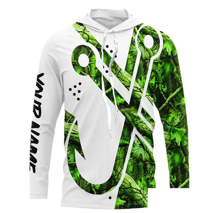 Green Camo Fish Hook Customize Name UV protection long sleeves fishing shirt for men, women NPQ129
