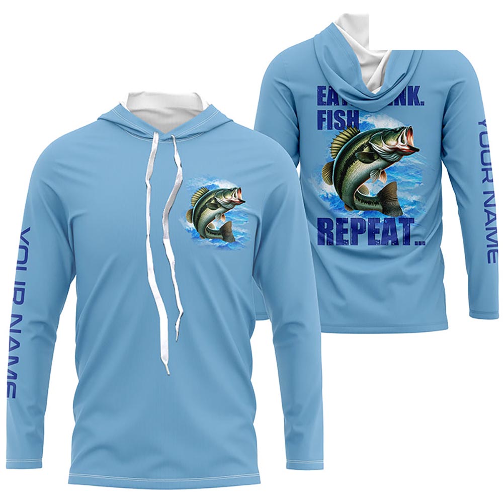 Largemouth Bass Fishing Custom Long Sleeve Performance Fishing shirts Eat Drink Fish Repeat | Blue NQS6613