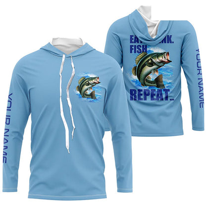Largemouth Bass Fishing Custom Long Sleeve Performance Fishing shirts Eat Drink Fish Repeat | Blue NQS6613