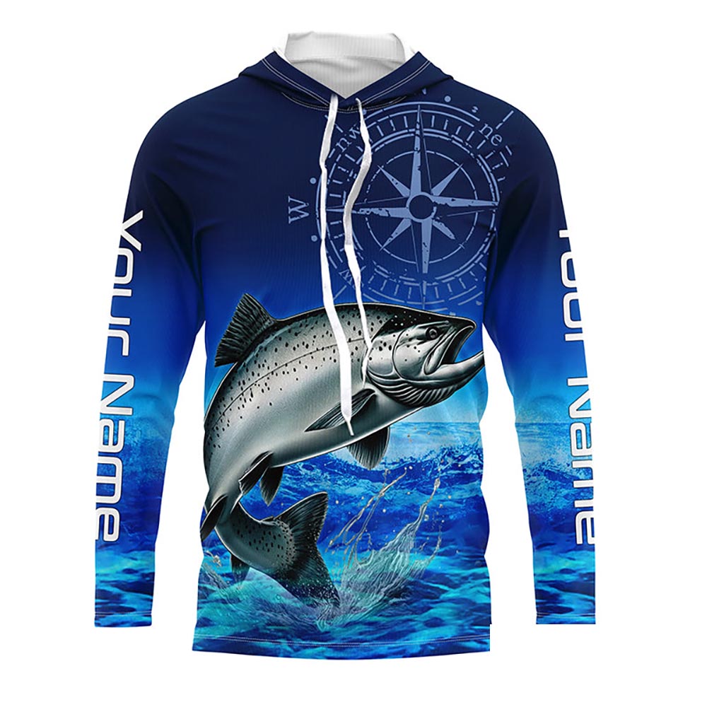 Personalized Chinook salmon Blue Long Sleeve Performance Fishing Shirts, compass tournament Shirts NQS5986