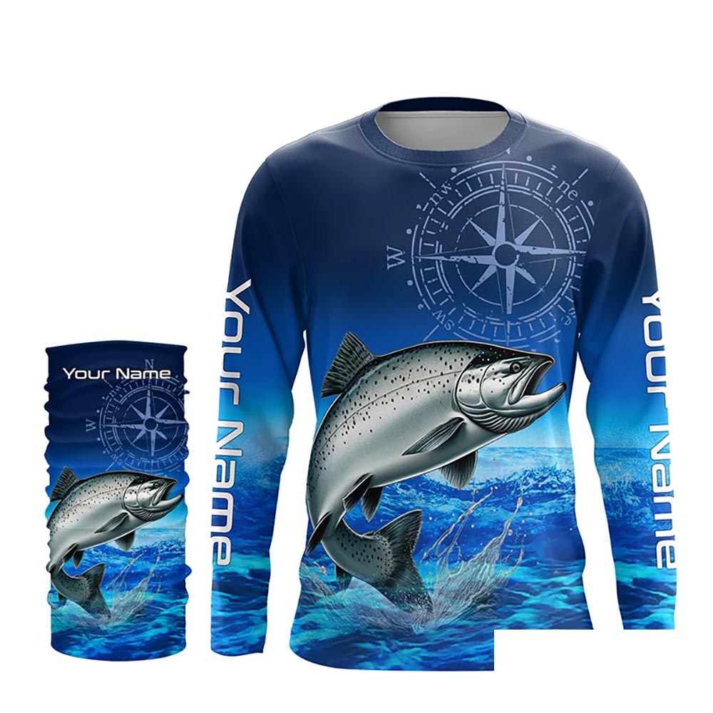Personalized Chinook salmon Blue Long Sleeve Performance Fishing Shirts, compass tournament Shirts NQS5986