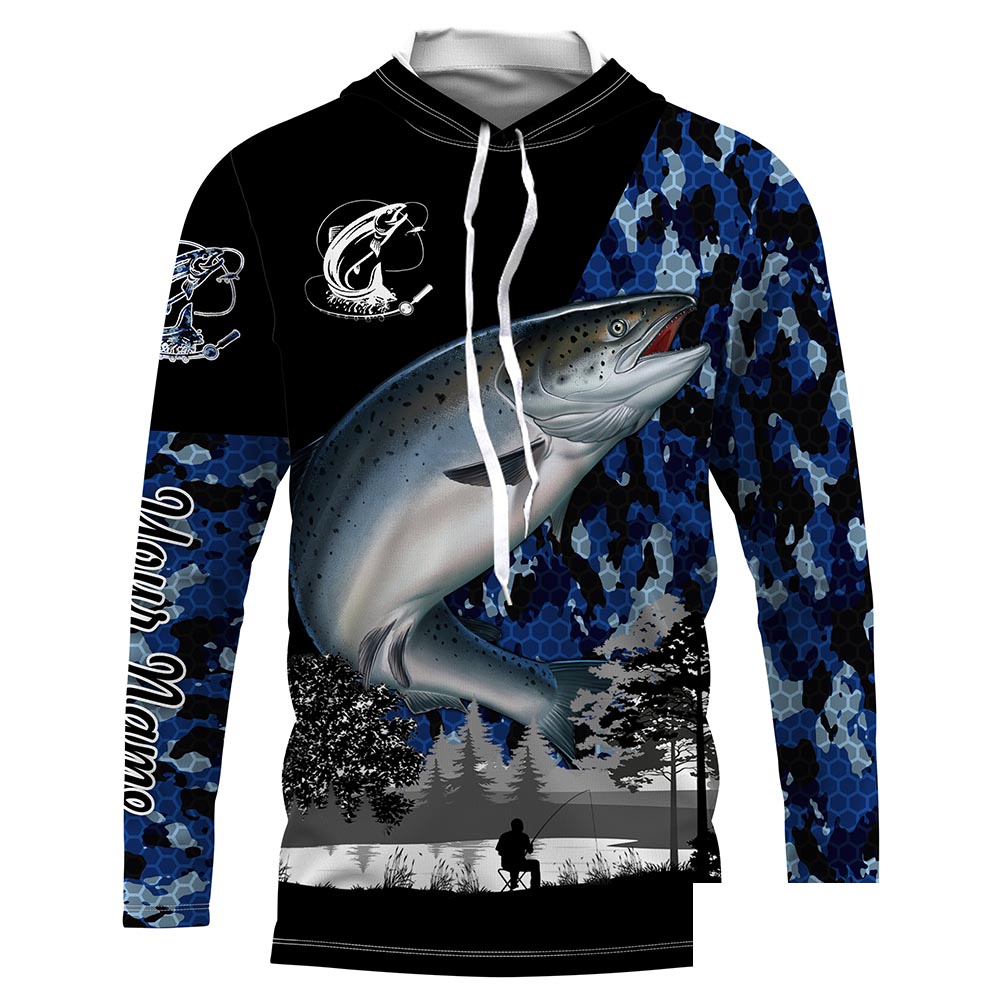 Chinook Salmon (King salmon) Fish blue camo Custom name fishing jerseys | Long sleeve, Long Sleeve Hooded NPQ832
