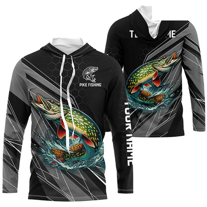 Personalized Black camo Northern Pike Fishing Jerseys, Pike Long Sleeve Fishing Tournament Shirts NQS8772