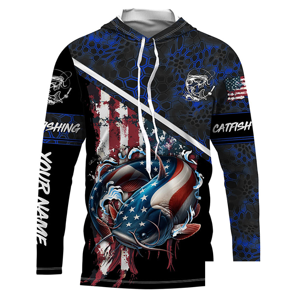 American Flag catfish fishing blue camo Custom name Long sleeve, Long Sleeve Hooded NPQ842