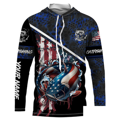 American Flag catfish fishing blue camo Custom name Long sleeve, Long Sleeve Hooded NPQ842