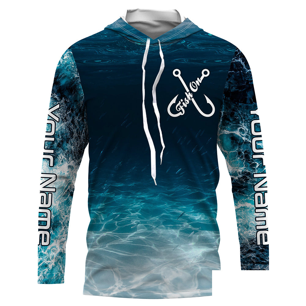 Fish on blue sea wave water camo Custom name Long sleeve, Long Sleeve Hooded NPQ848