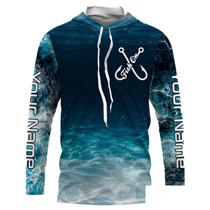 Fish on blue sea wave water camo Custom name Long sleeve, Long Sleeve Hooded NPQ848