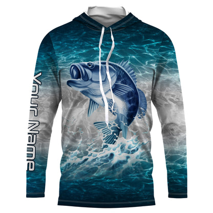 Bass fishing blue sea water camo Custom name Long sleevefishing shirts, Long Sleeve Hooded NPQ864